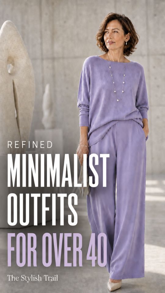 A woman over 40 wears a minimalist outfit with a lavender long-sleeve top with matching wide-leg trousers, layered necklaces, a light clutch, and pointed shoes