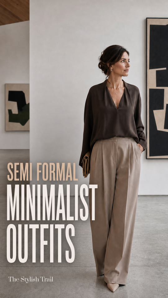 A woman wears a black blouse, trousers, pumps, in a minimalist semi formal outfit