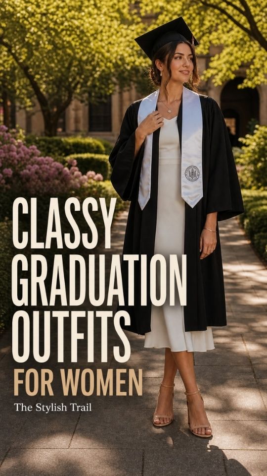 A woman wears a black gown with a white dress, strappy sandals, and earrings for a classy graduation outfit