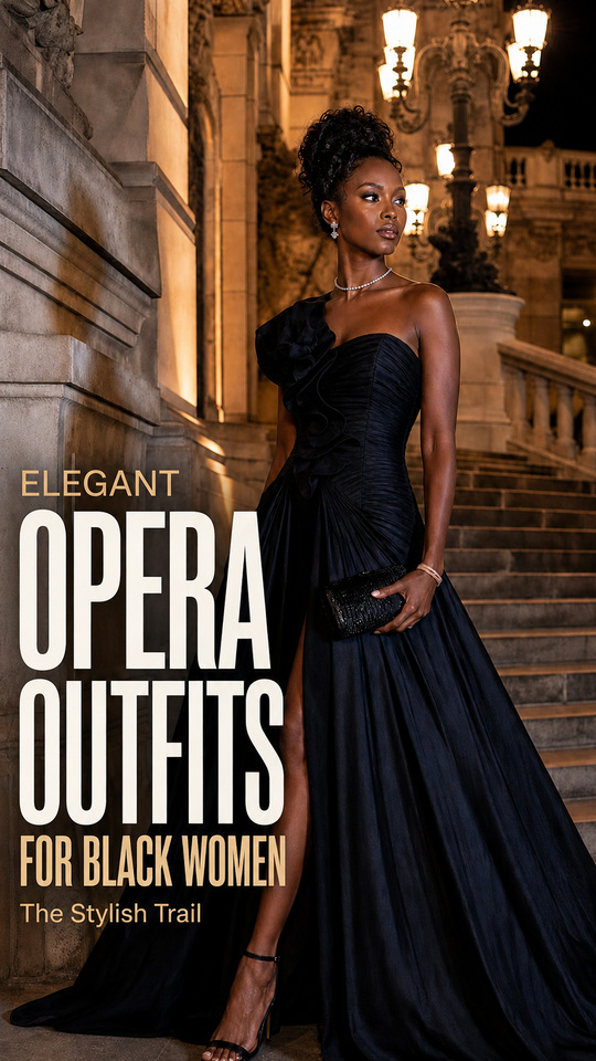 A woman wears a black gown with drop earrings for an opera outfit for black women