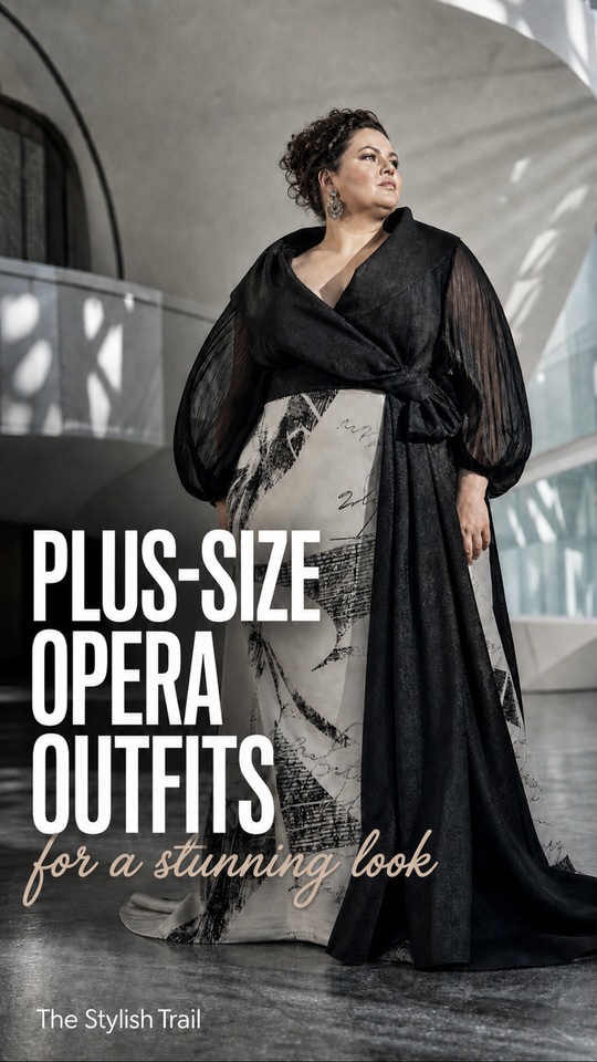 A woman wears a black sheer-sleeved wrap top, a draped black overlay, and a cream maxi skirt with abstract black prints in plus-size opera outfits for women