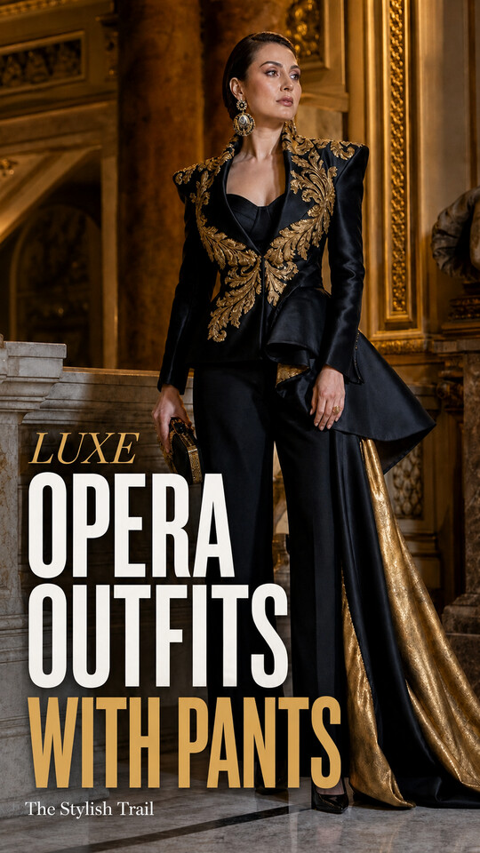 A woman wears a black top with black wide-leg trousers, pointed heels, and earrings for an opera outfit for pants for women