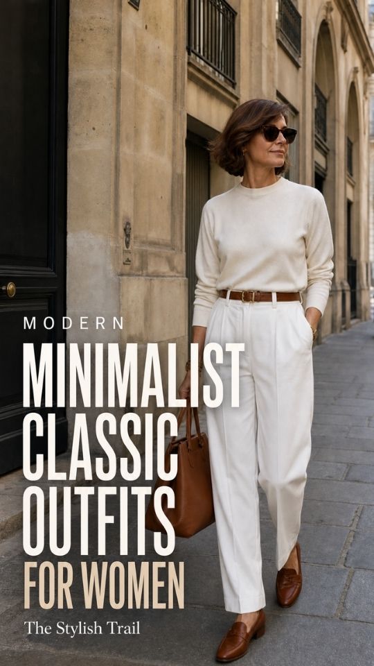 A woman wears a blazer and top, heels, and bag, in a minimalist classic outfit