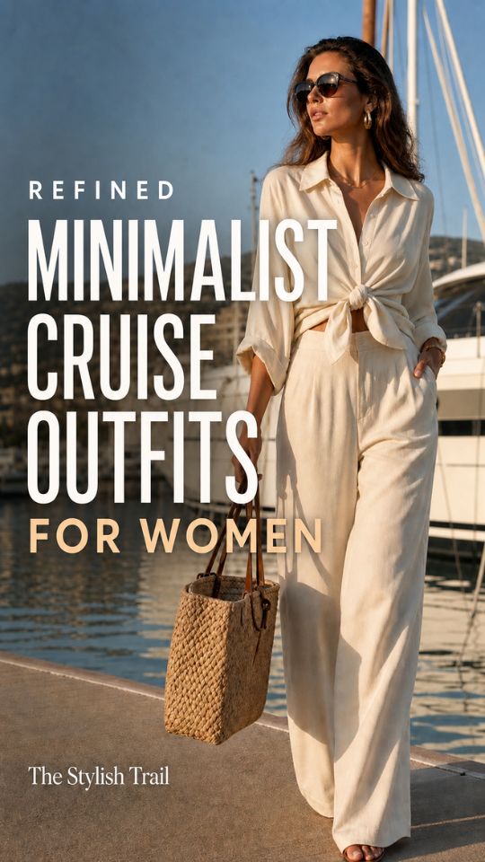 A woman wears a blouse and trousers, and bag, in a minimalist cruise outfit