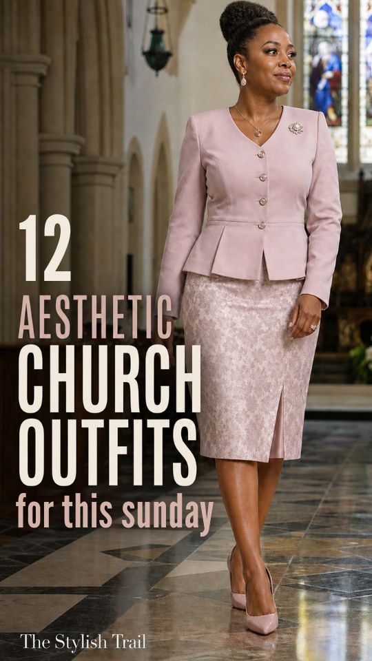 A woman wears a blush pink textured skirt suit with a floral hat, structured handbag, bracelet, and pointed-toe pumps, in aesthetic church outfit