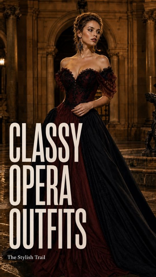 A woman wears a burgundy lace gown and dangling earrings, in classy opera outfit