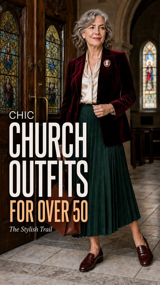 A woman wears a burgundy velvet blazer over a ivory blouse and dark green pleated midi skirt with burgundy loafers and a brown leather handbag, in Church Outfits for Women Over 50