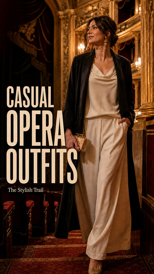 A woman wears a casual opera outfit with cream wide-leg trousers, shoes, drop earrings, and a clutch