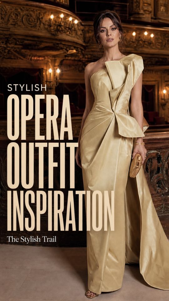 A woman wears a champagne satin one-shoulder gown with a draped waist and long train, for opera outfit inspiration