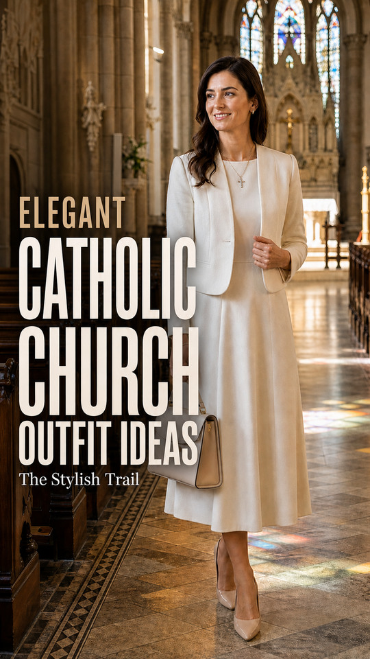 A woman wears a cream dress with a ivory blazer, pointed heels, and a handbag for a catholic church outfit