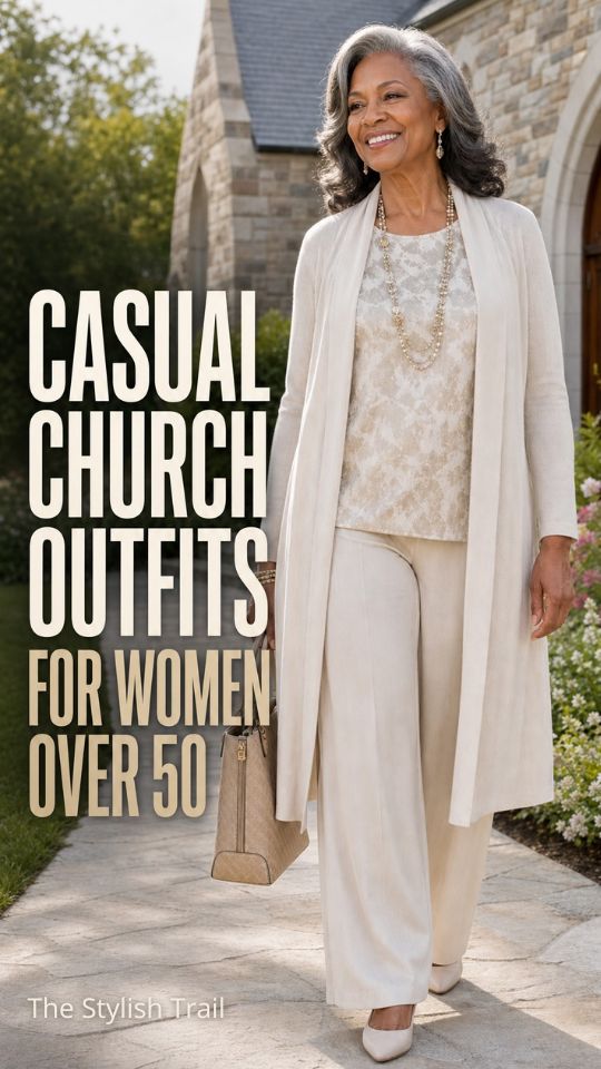 A woman wears a cream top with a cardigan and drop earrings for a casual church outfit for women over 50
