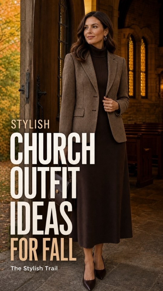 A woman wears a dark brown sweater with a brown skirt, pointed heels, and hoop earrings for a church outfit for fall