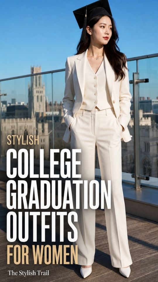 A woman wears a ivory blazer, buttoned vest, wide-leg trousers, pointed shoes, earrings, and a black graduation cap for college graduation outfits for women