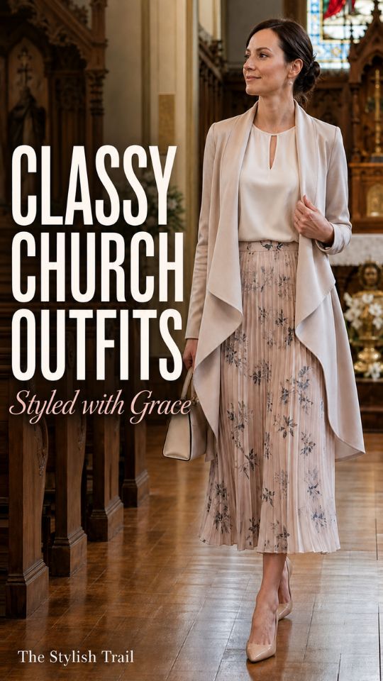 A woman wears a ivory blouse, beige cardigan, floral pleated midi skirt, and pointed heels with a small handbag, classy church outfit for women