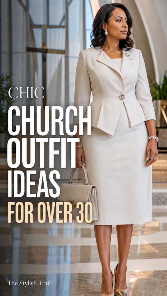 A woman wears a ivory blouse, long textured coat, belted pleated midi skirt, pointed-toe heels, and structured handbag, in a church outfit for women over 30