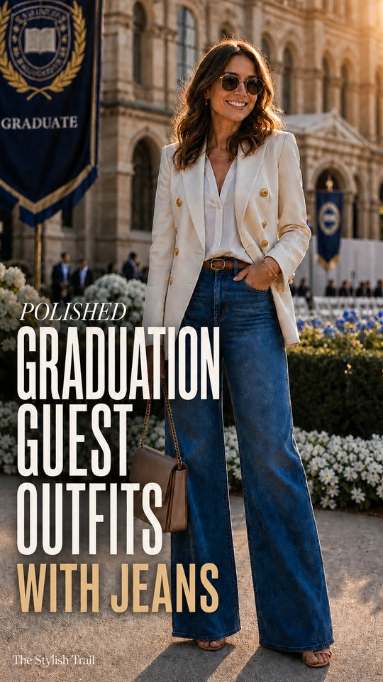 A woman wears a ivory double-breasted blazer, white blouse, blue wide-leg jeans, sandals, sunglasses, and a taupe handbag in a graduation guest outfit for women with jeans