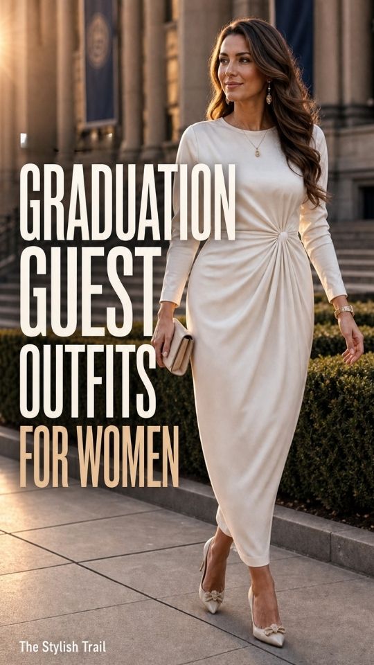 A woman wears a ivory long-sleeve ruched midi dress with beige bow pumps, drop earrings, and a small clutch, illustrating graduation guest outfits for women