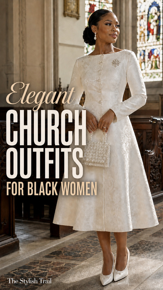 A woman wears a ivory long-sleeved jacquard midi dress with pointed heels and a beaded handbag for church outfit for Black women