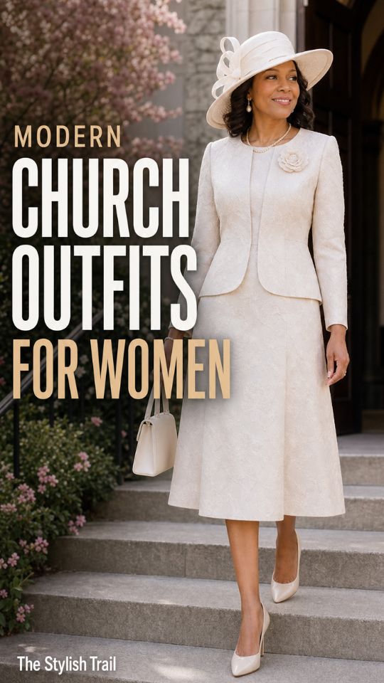 A woman wears a jacket with a skirt, pointed heels, and a hat for a church outfit for women