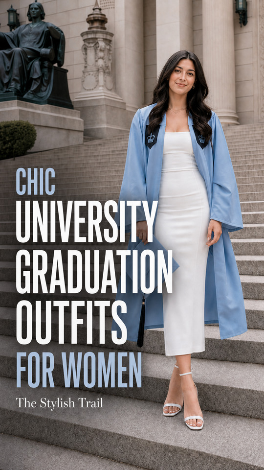 A woman wears a light blue gown with a white dress, strappy sandals, and hoop earrings for a university graduation outfit for women
