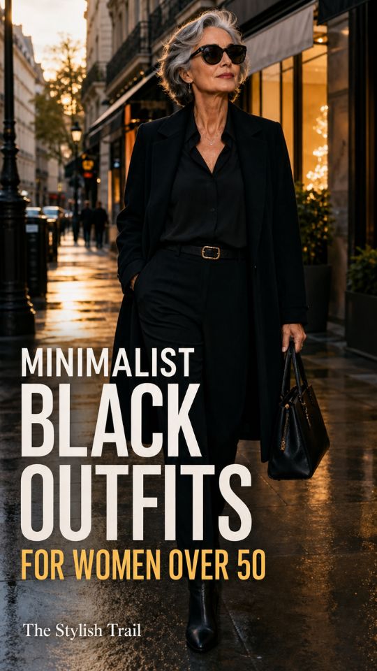 A woman wears a minimalist black outfit with a black coat and black blouse, black boots, and bag