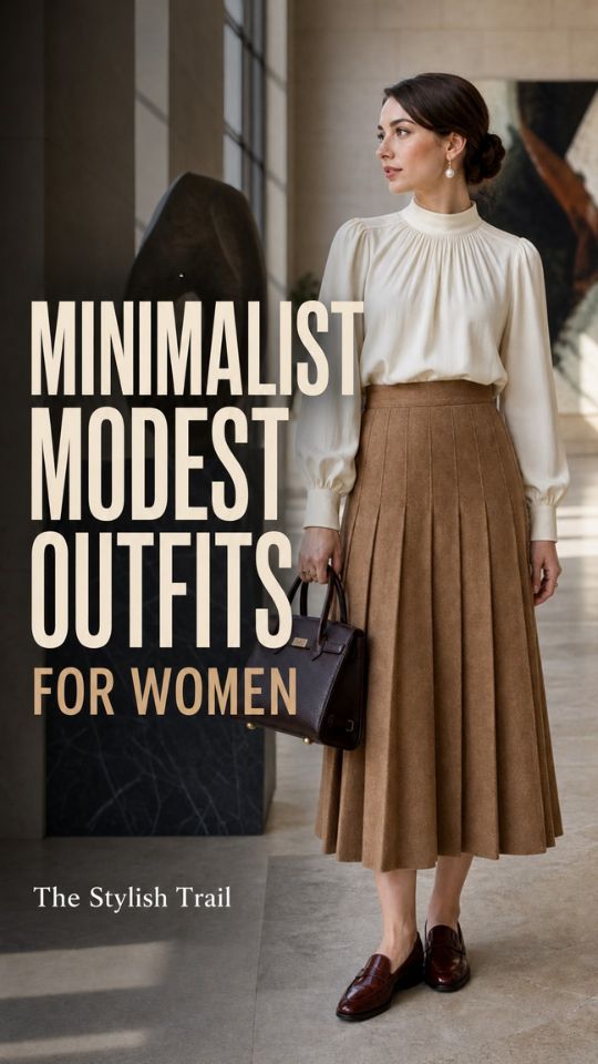 A woman wears a minimalist modest outfit with a cream high-neck blouse with voluminous sleeves, a camel pleated midi skirt and dark brown loafers