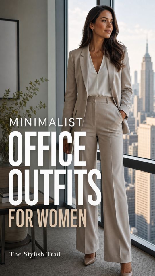 A woman wears a minimalist office outfit with a taupe blazer, ivory blouse, and high-waisted wide-leg trousers with pointed heels