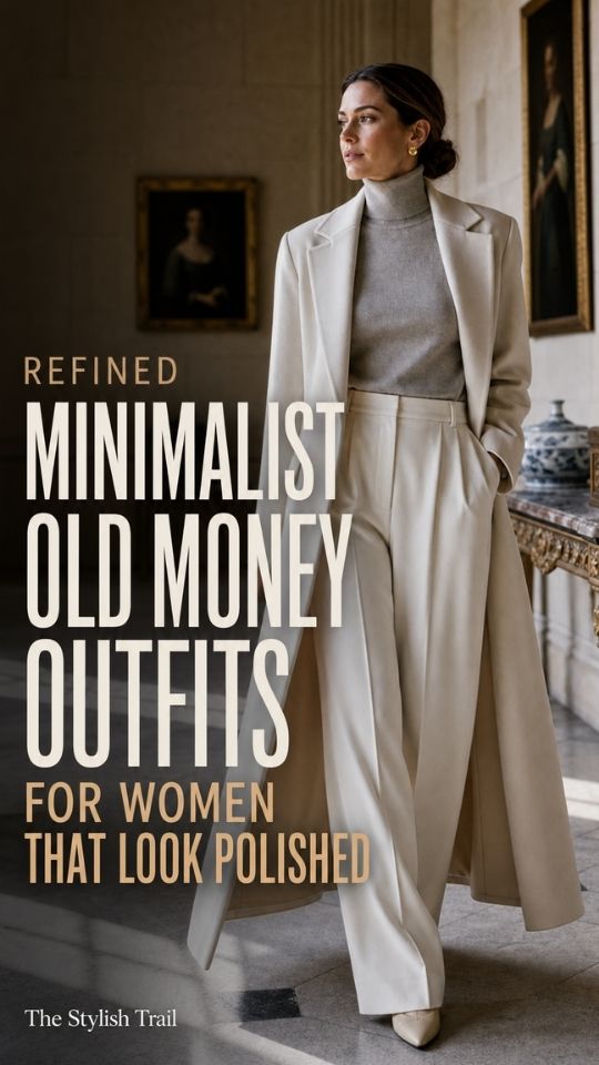 A woman wears a minimalist old money outfit with ivory long tailored coat over a gray turtleneck, wide-leg trousers, and pointed-toe shoes