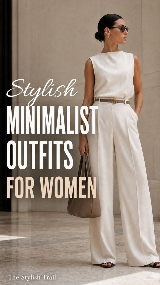 A woman wears a minimalist outfit with an ivory sleeveless top, high-waisted wide-leg trousers, dark sunglasses, and flat sandals