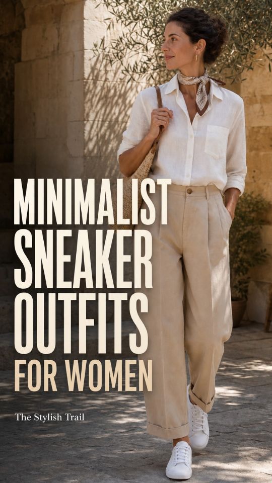 A woman wears a minimalist sneaker outfit with a white button-up shirt, beige pleated trousers, a neck scarf, and a woven shoulder bag