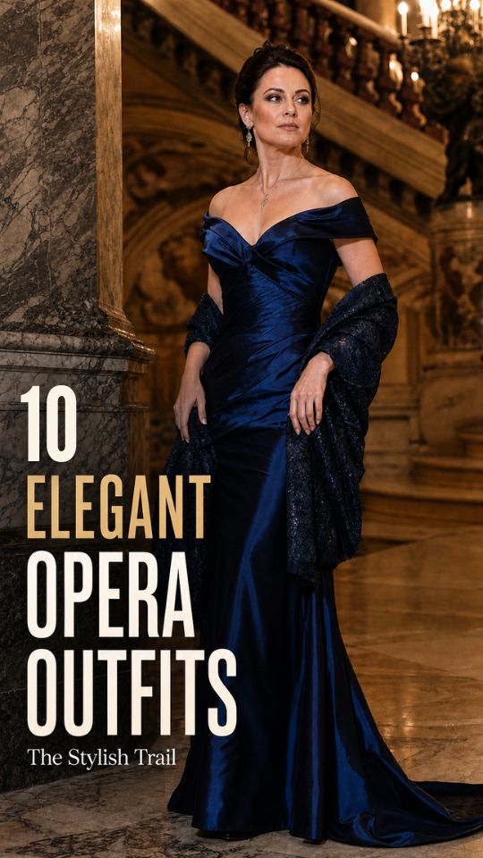 A woman wears a navy off-shoulder satin gown, dark textured shawl, and drop earrings in an elegant opera outfit