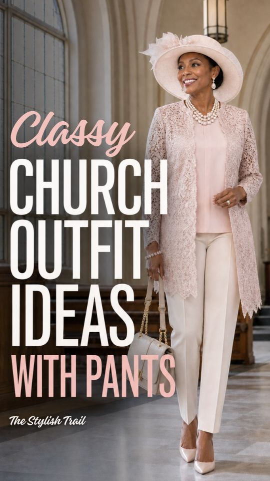 A woman wears a pink blouse with a pink cardigan, pointed heels, and a hat for a church outfit with pants for women