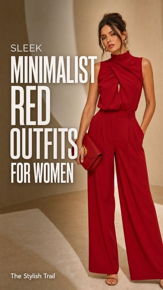 A woman wears a top and trousers, sandals, and bag, in a minimalist red outfit