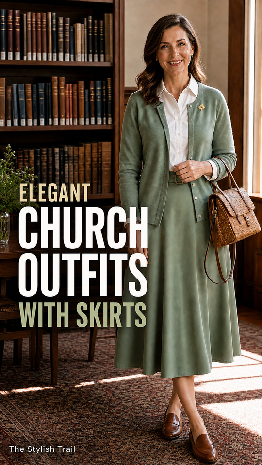 A woman wears a white blouse with a green cardigan, loafers, and a handbag for church skirt outfit