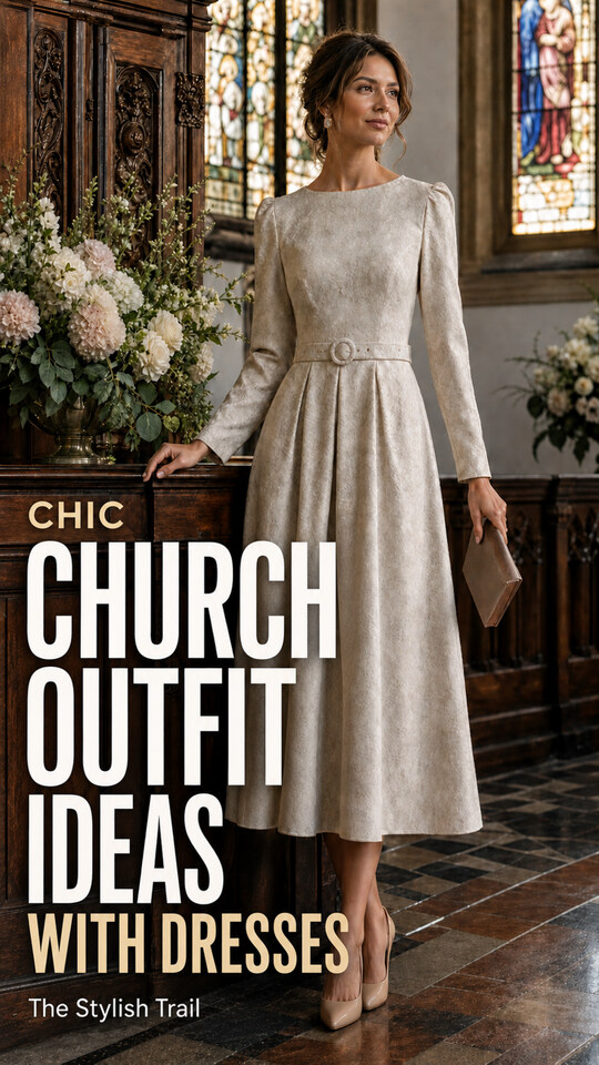 A woman wears a white dress with pointed heels and a clutch for a church outfit with dress