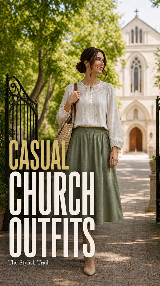 A woman wears a white long-sleeve blouse, sage green midi skirt, woven tote, and beige pointed heels, casual church outfit ideas