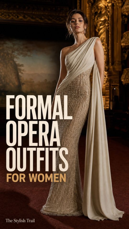 A woman wears an ivory one-shoulder gown with a shimmering fitted skirt and flowing side panel, showcasing Formal Opera Outfits for Women