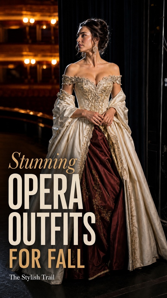 A woman wears an off-shoulder ivory embellished gown with a burgundy embroidered skirt and draped ivory layer, a formal fall opera outfit for women