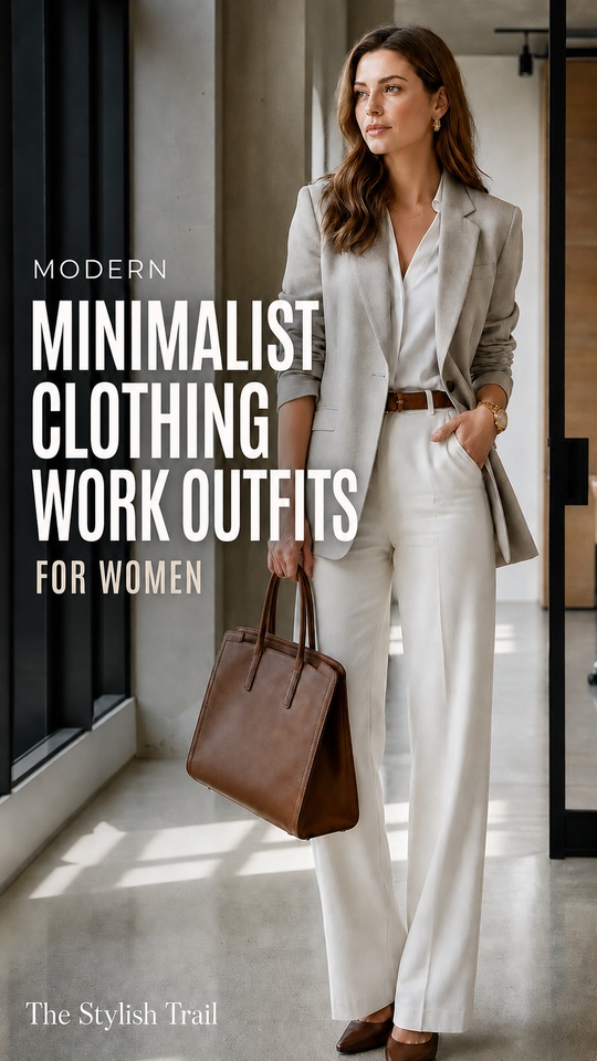 A woman wears minimalist clothing work outfit with a light beige blazer, cream wide-leg trousers, and brown pointed heels