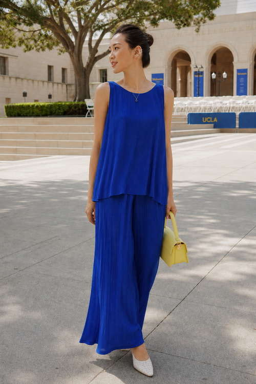 Blue pleated graduation outfit at UCLA