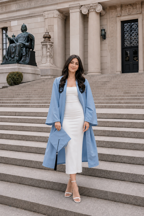 Graduate in a white dress and blue gown