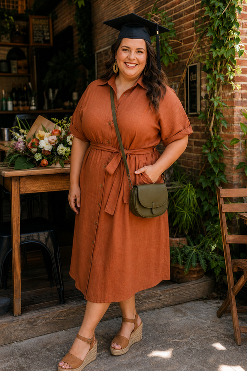 Plus-size graduate in a rust orange shirt dress