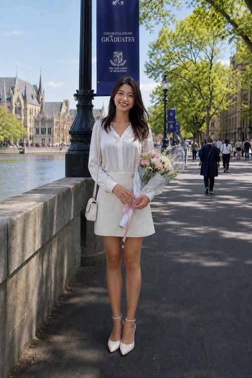 Woman in a white graduation guest outfit.