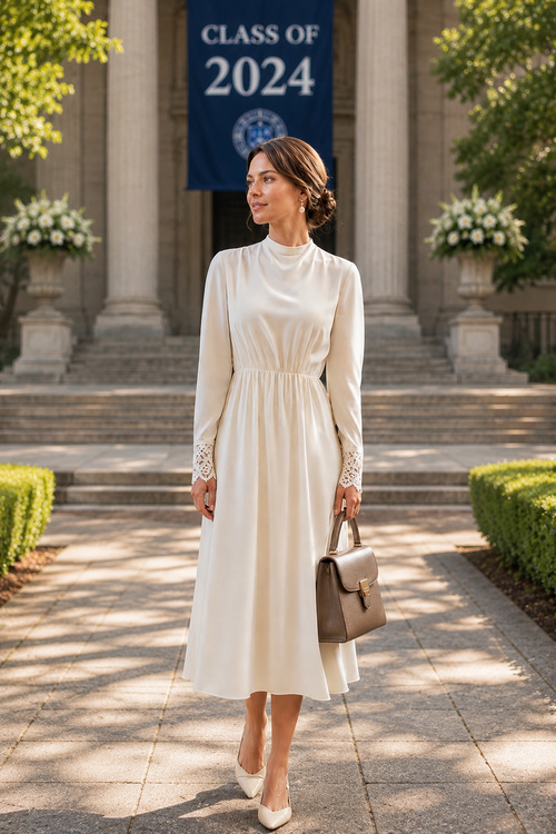Woman in an ivory dress at graduation