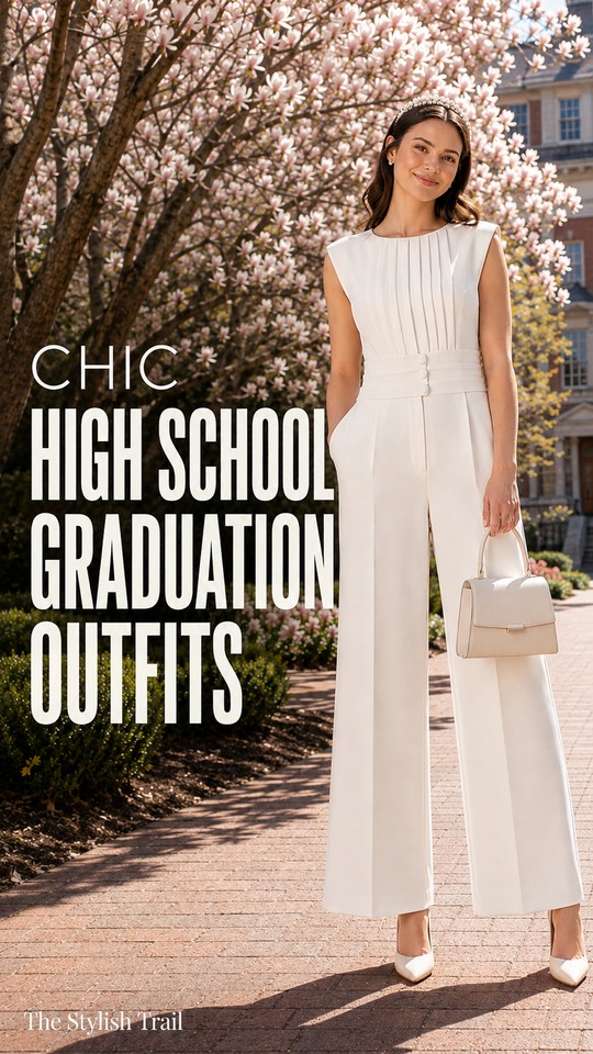 Woman wearing a high school graduation outfit with ivory sleeveless pleated wide-leg jumpsuit with pointed-toe pumps