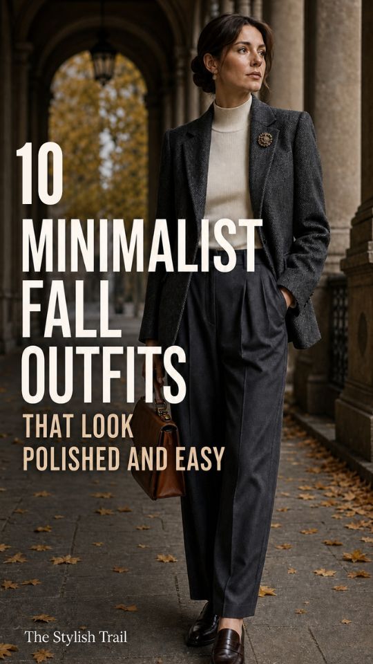 a woman in a fall minimalist outfit with a cream turtleneck, a blazer, pants, and loafers