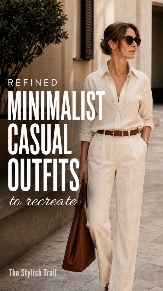 a woman in casual minimalist outfit with an ivory button-up shirt with matching trousers, a brown belt, sunglasses, a brown tote bag, and flat sandals
