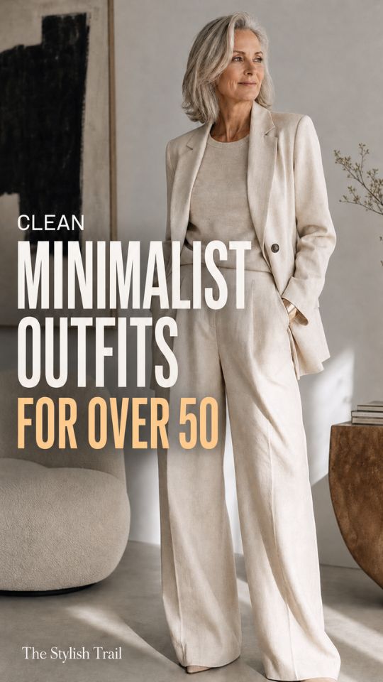 a woman over 50 wears a minimalist outfit with a cream blazer, neutral crew-neck top, wide-leg trousers, and matching pointed shoes