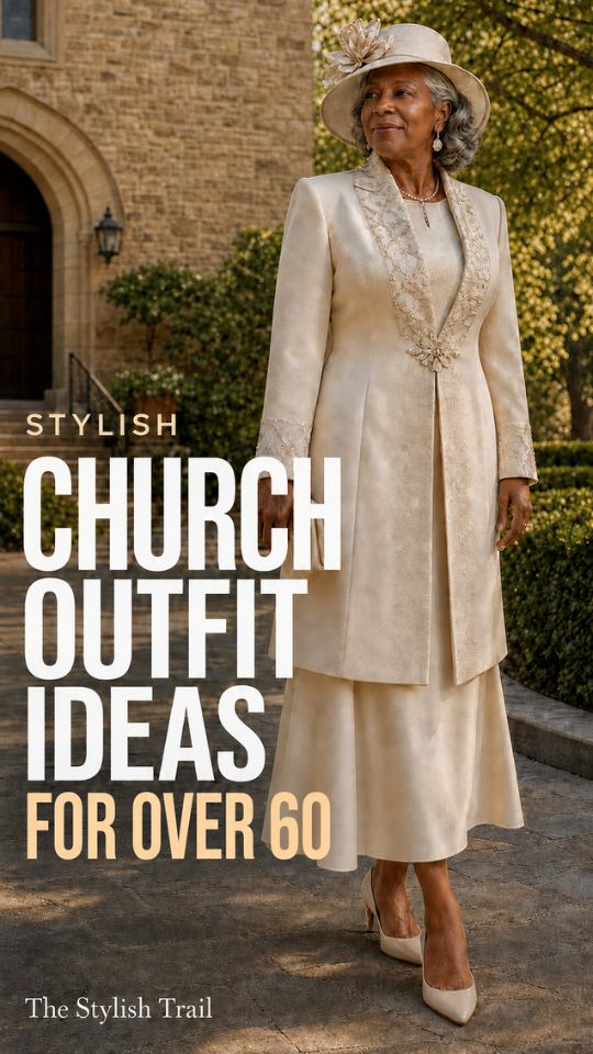 a woman over 60 wears a church outfit with a champagne dress and coat