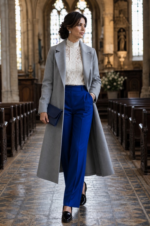 a woman wears a gray coat with a white lace blouse, blue trousers, black loafers, and a navy clutch
